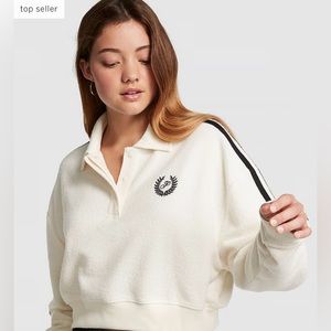 Victoria’s Secret PINK Reverse Fleece Cropped Polo Sweatshirt - Medium - Creamer